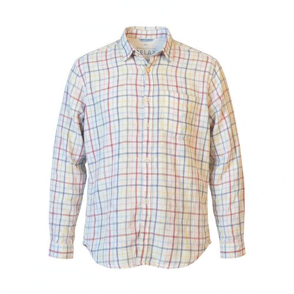 Tommy Bahama Relax Linen Shirt Colourful Stripped Checked White Shirt - Size M